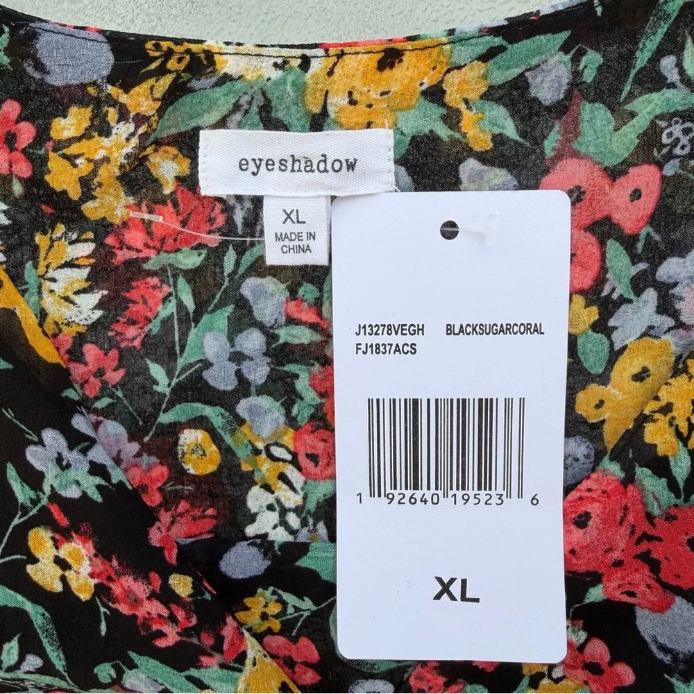 Eyeshadow Black Floral Faux Wrap Flutter Sleeve Midi Dress ~ Women’s XL
